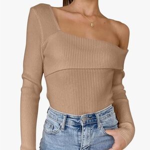One-Shoulder Ribbed Knit Top in Camel